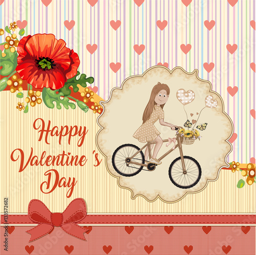 Valentines day card with a girl in love who walks by bike and background hearts 