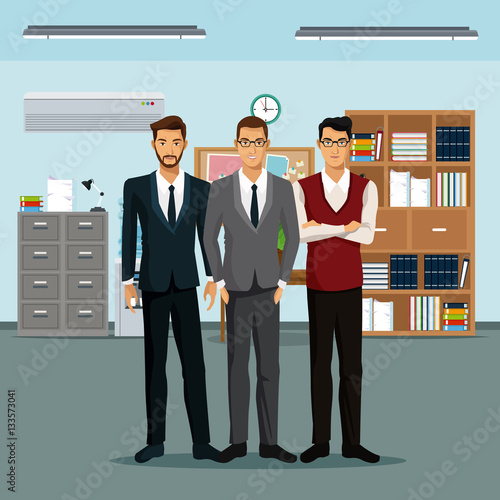 men teamwork place furniture books cabinet file clock vector illustration