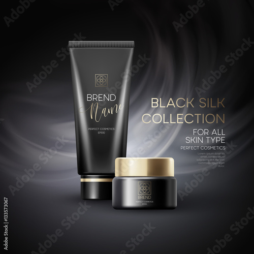 Design cosmetics product advertising on black background. Vector illustration
