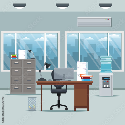 office workspace desk armchair cabinet documents cooler water windows vector illustration