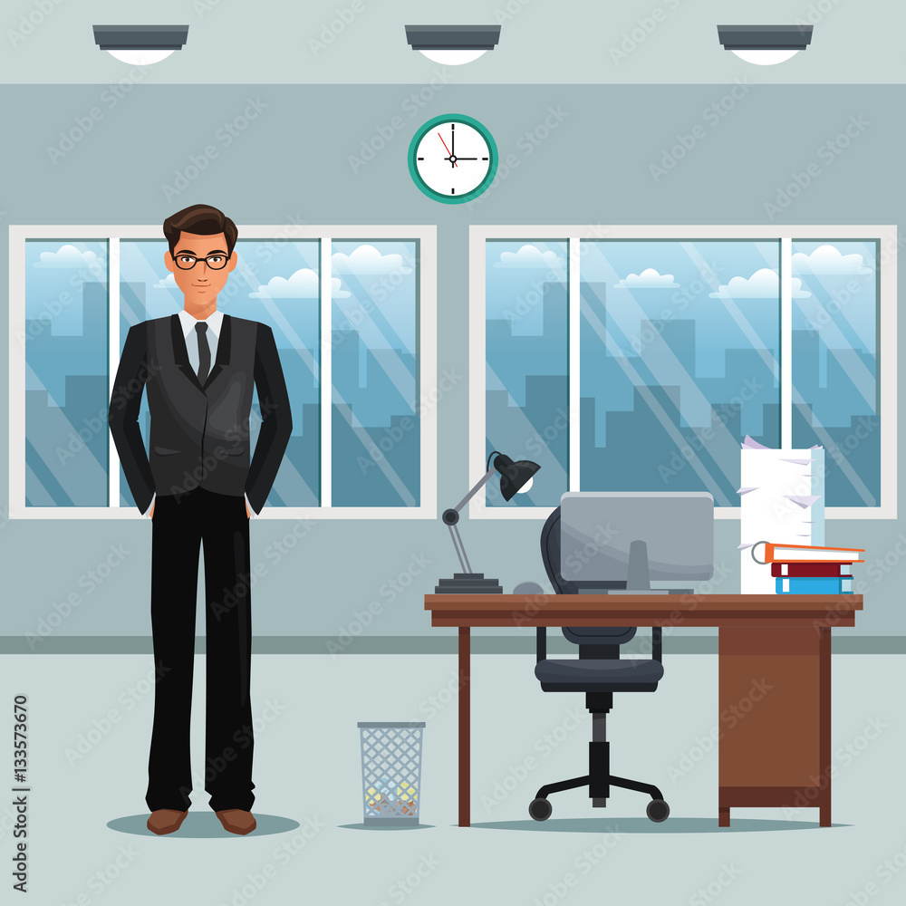 man workplace office desk chair clock windows vector illustration eps 10 man workplace office desk chair clock windows vector illustration eps 10