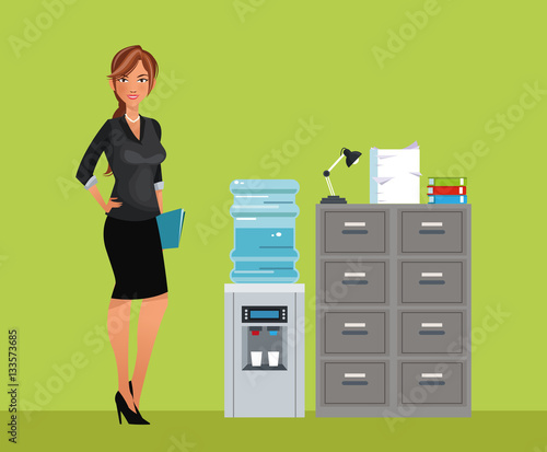 woman breaktime office cooler water cabinet file vector illustration eps 10