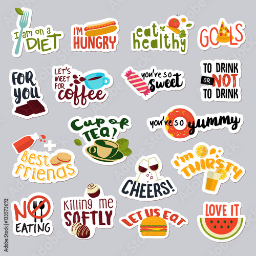 Set of funny stickers for social network. Food and drink stickers for mobile messages, chat, social media, online communication, networking, web design.