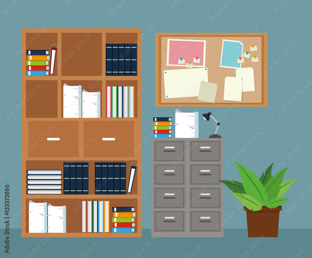 office furniture cabinet file potted plant notice board vector illustration eps 10