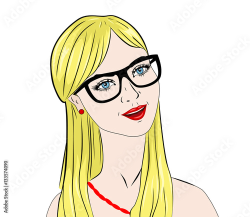 Comic book blonde girl with glasses. Illustration of retro in pop art style