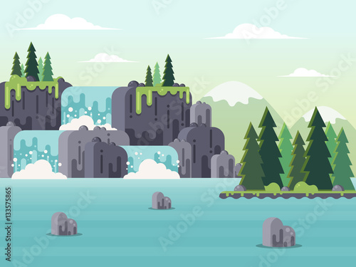 Nature Landscape - Waterfall, River and Mountains. Flat Design Style. 