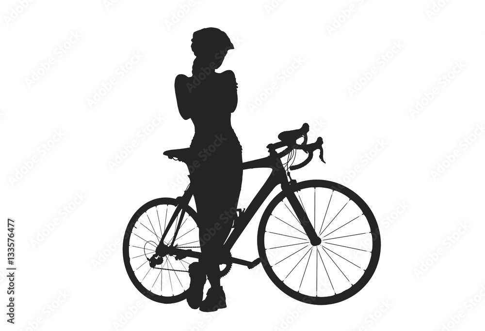 Silhouette of woman with a bicycle, isolated on a white