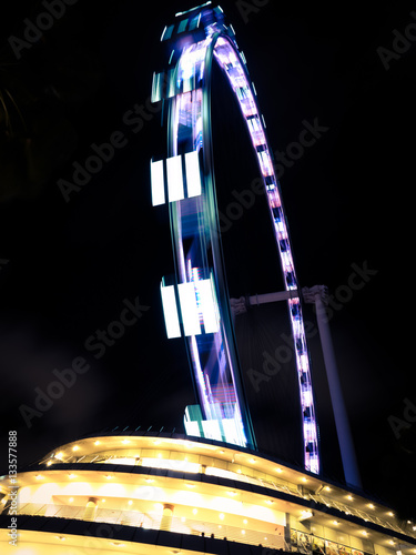 Singapore Flyer Ferris Wheel Light Motion Blur At Night - Singapore