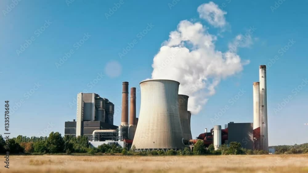 timelapse of Power production building on a sunny day polluting the air. coal and nuclear power timelapse of Power production building on a sunny day polluting the air. coal and nuclear power