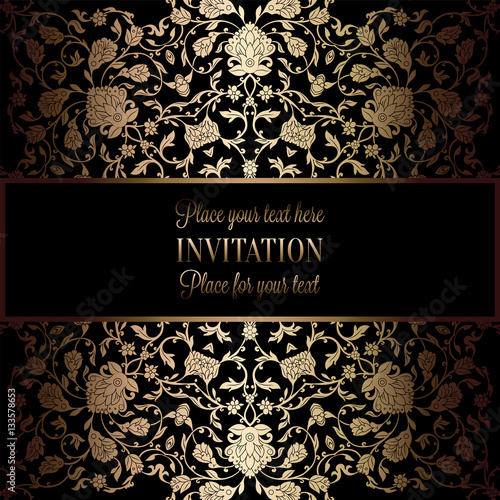 Abstract background with antique, luxury black and gold vintage frame, victorian banner, damask floral wallpaper ornaments, invitation card, baroque style booklet, fashion pattern, template for design