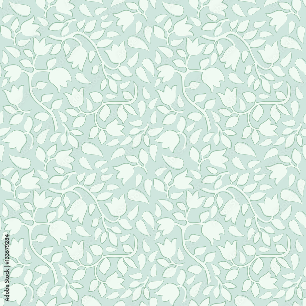 Seamless green background with light tulips pattern.