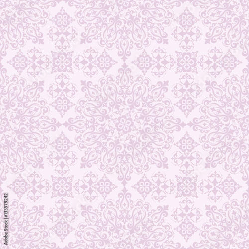 Seamless lilac background with violet pattern in baroque style. Vector retro illustration. Ideal for printing on fabric or paper.