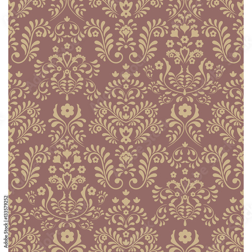 Seamless brown background with yellow pattern in baroque style.