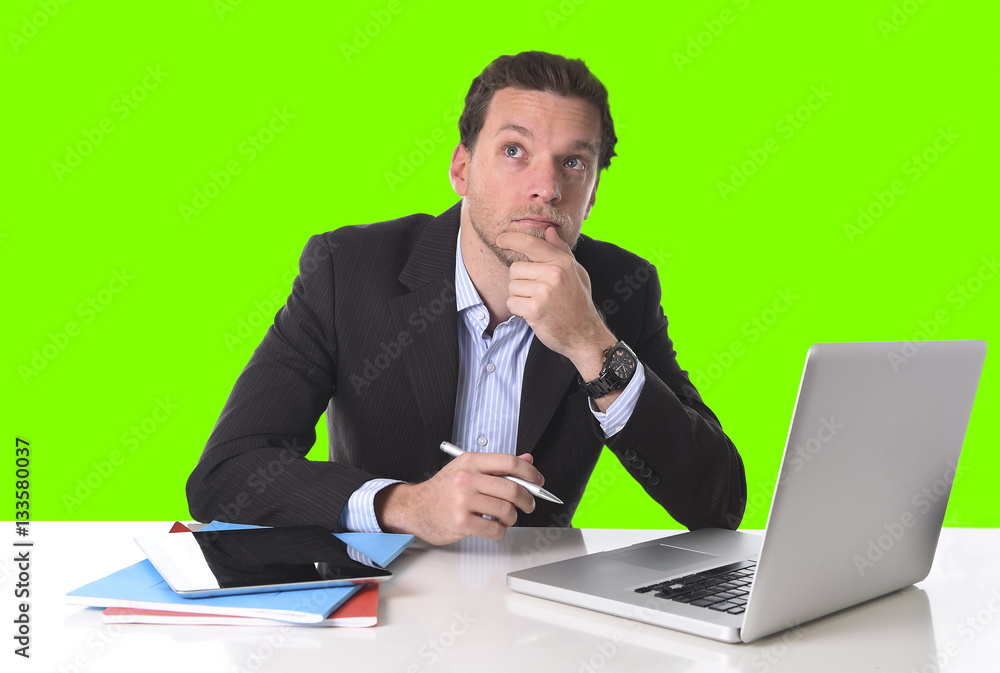 businessman working in stress at office desk computer isolated green chroma key businessman working in stress at office desk computer isolated green chroma key