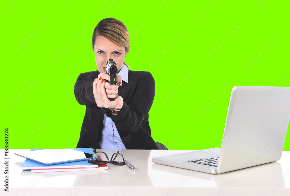 businesswoman pointing gun at office desk in bossy attitude isolated chroma key businesswoman pointing gun at office desk in bossy attitude isolated chroma key