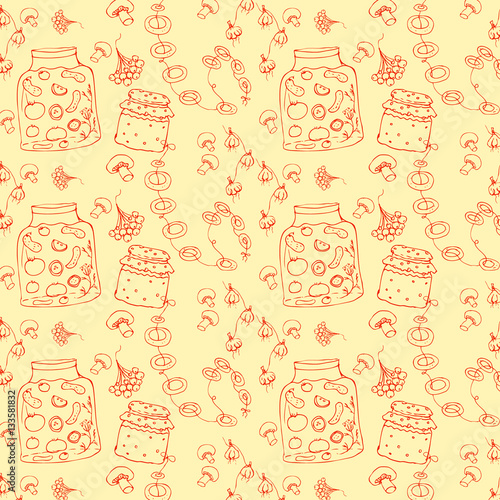 Vector hand drawn monochrome pattern made with different items resemble granny’s home or else. Food, catering, house interior, family and relationship themes, design element, wallpaper or tissue.