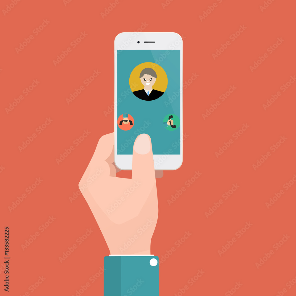 Incoming call on smartphone screen. Calling service. Hand holds smartphone, finger touch screen. Hand holding smartphone to call customer support. Female avatar on the screen. Incoming call on smartphone screen. Calling service. Hand holds smartphone, finger touch screen. Hand holding smartphone to call customer support. Female avatar on the screen.