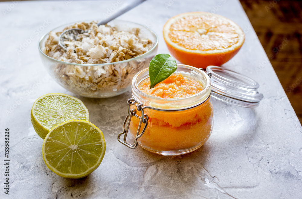 organic citrus scrub homemade on gray background organic citrus scrub homemade on gray background