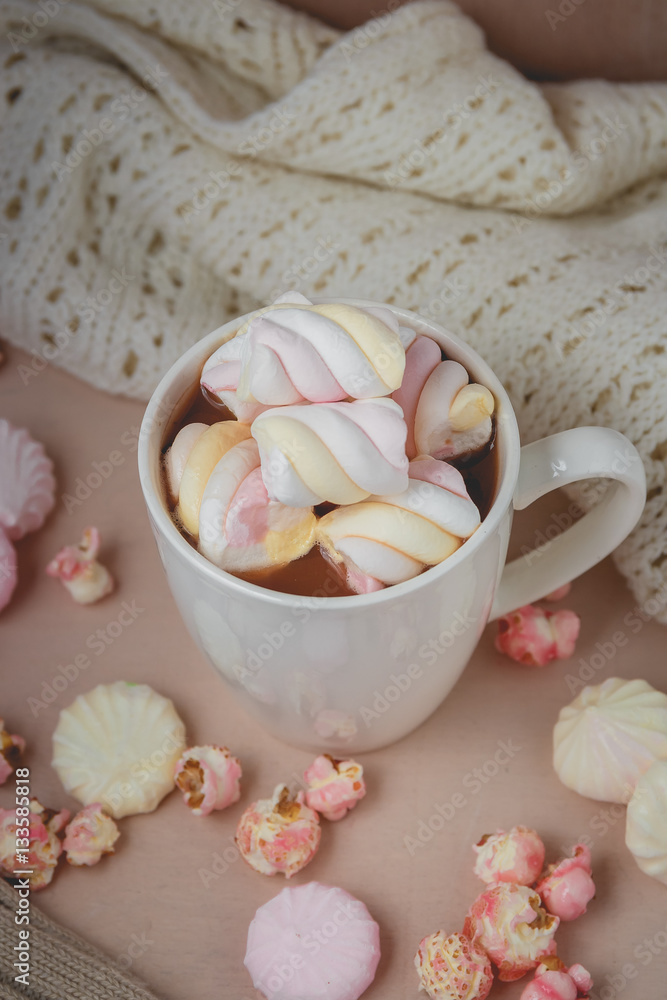 Hot chocolate drink with marshmallow, beze, popcorn Hot chocolate drink with marshmallow, beze, popcorn