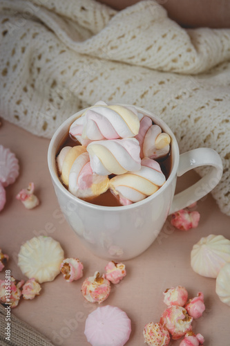 Hot chocolate drink with marshmallow  beze  popcorn