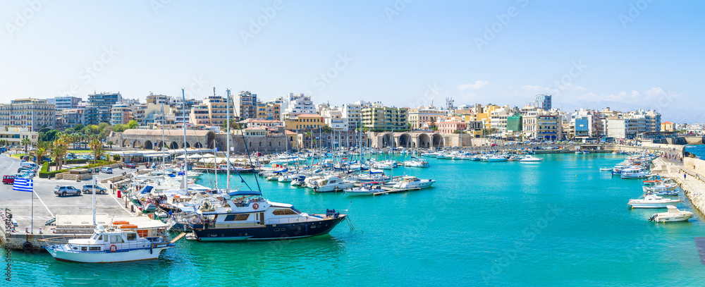 Crete, Heraklion city panoramic skyline view to famous Venetian port