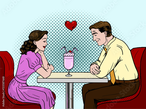 Couple on a date in restaurant. Pop art style vector illustration.