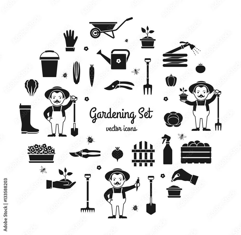 Gardening and garden equipment and tools black and white icons set in ...