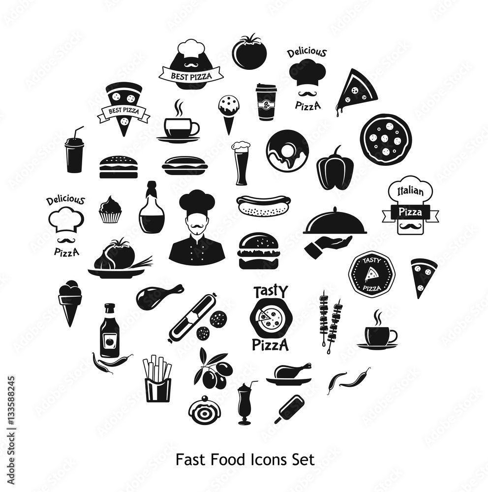 Fast food icons set and pizza logo in circle shape. Pizza, burger, french fries, chef