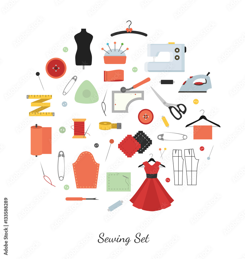 Sewing and needlework vector flat icons set in circle shape isolated on white background