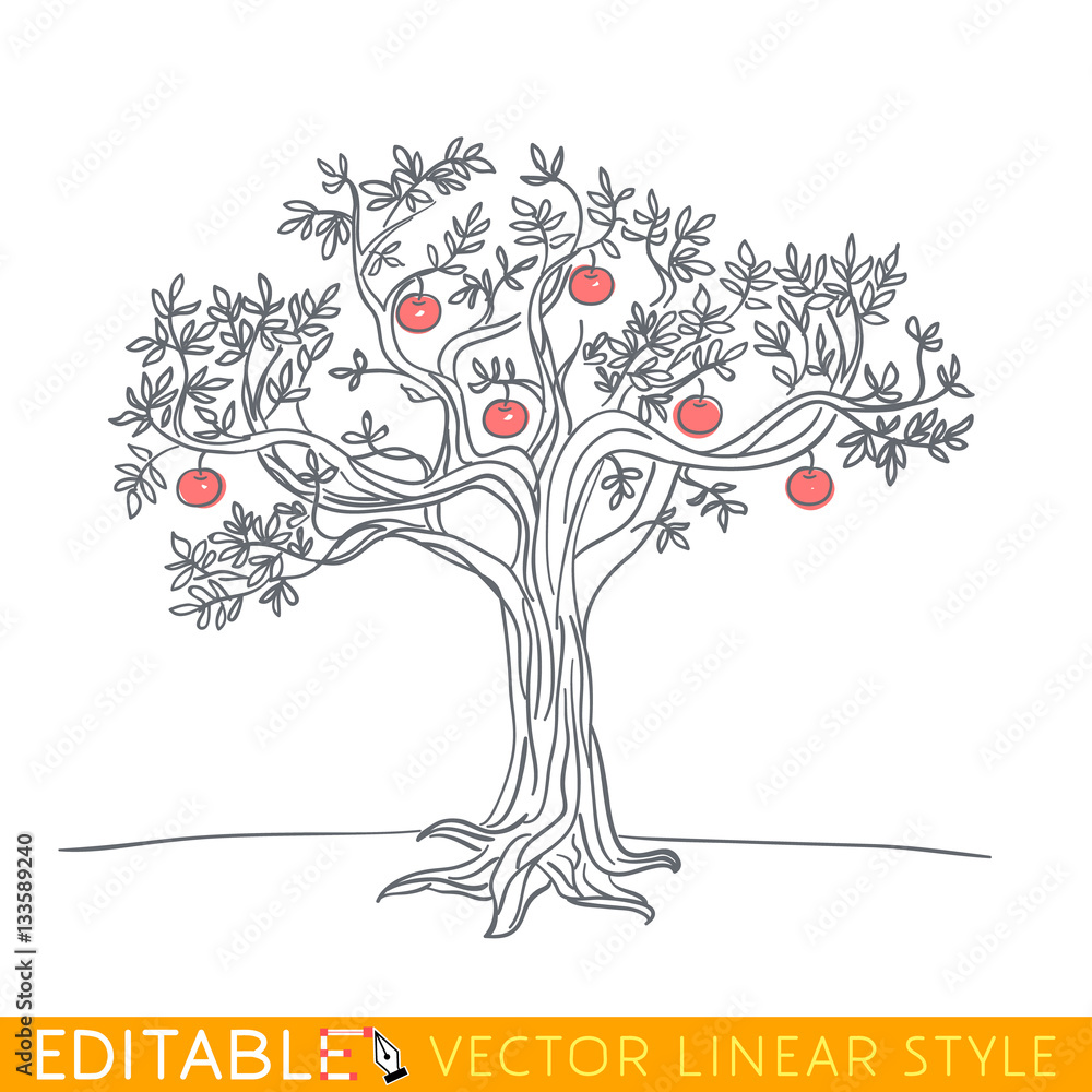 Apple tree drawing. Editable line sketch. Stock vector ...
