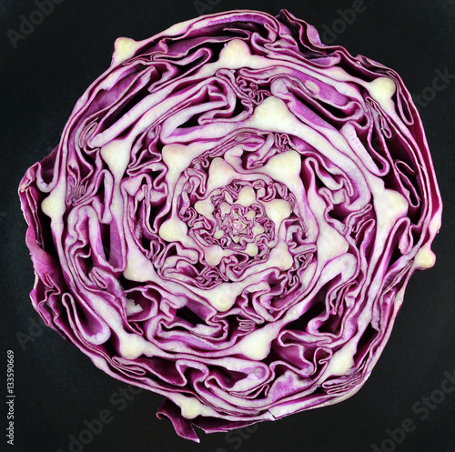 Red cabbage slice isolated on black, top view, square photo
