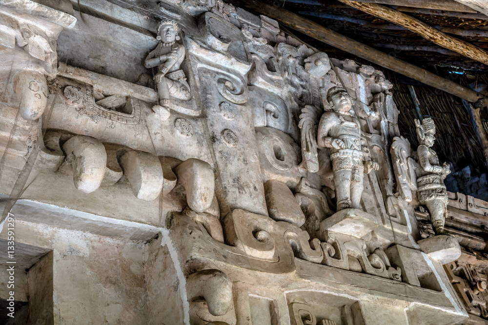 Exterior facade of the tomb of U Kait Kan Leak Tok, a ruler of Ek Balam 770-801 AD. Ek Balam is a late classic Yucatec-Maya archaeological site located in Temozon, Yucatan, Mexico.