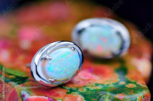 Canvas Print Silver earrings with white opal stone closeup