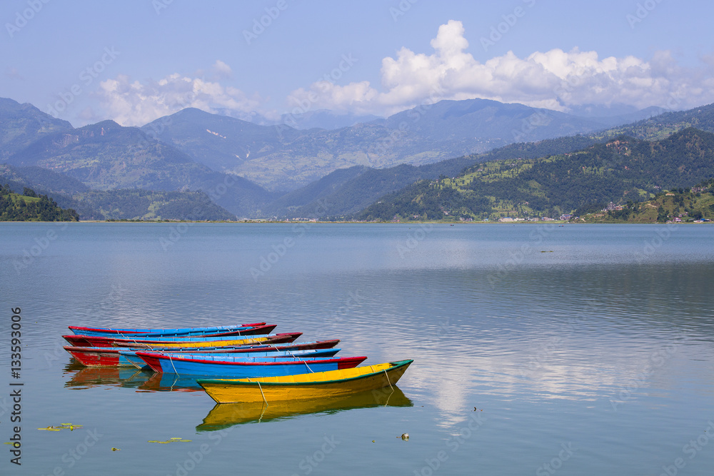 Lake Phewa in Pokhara, Nepal, with the Himalayan mountains
