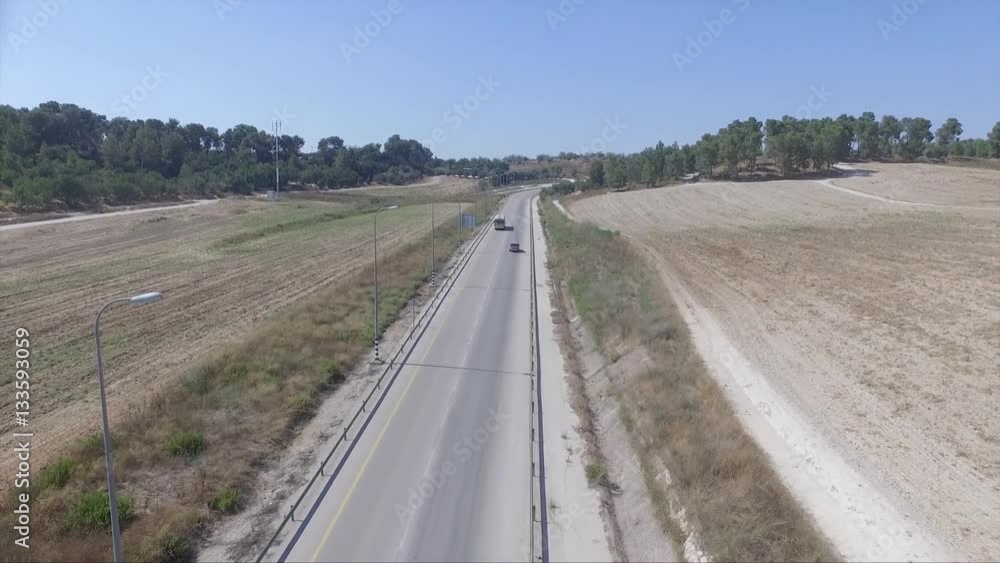 School bus on the road. Aerial shot of school bus School bus on the road. Aerial shot of school bus