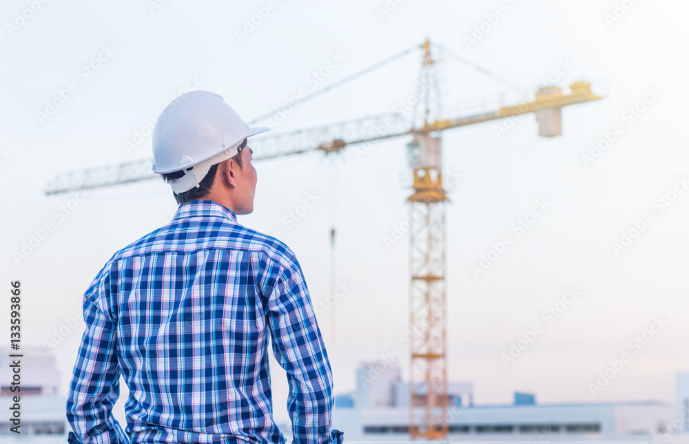 Portrait of architect wear white helmet safty on construction si Portrait of architect wear white helmet safty on construction si