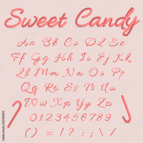 Sweet Candy. Candy Cane Alphabet. Christmas striped alphabet letters. Hand written alphabet from A to Z Vector illustration