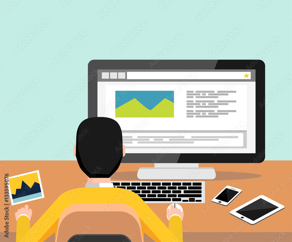Person blogging on computer. Template blogging infographics. Modern flat design for Web Banner , Website Element , Brochures, or Book cover Person blogging on computer. Template blogging infographics. Modern flat design for Web Banner , Website Element , Brochures, or Book cover