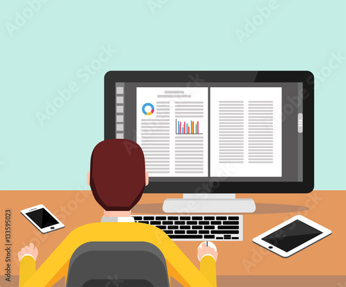 Person typing document on computer. To do job. Studying or working concept. Person working on computer. Modern flat design for Web Banner , Website Element , Brochures, or Book cover