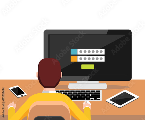 Person trying to log in system to access desktop. Authentication login form. Modern flat design for Web Banner , Website Element , Brochures, or Book cover