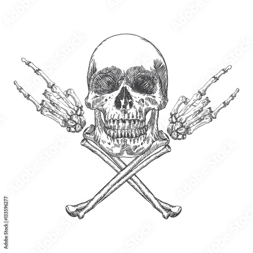 Skull and crossbones hands with gesture of heavy metal, rock and satan. Handmade detailed drawing. Vector illustration.
