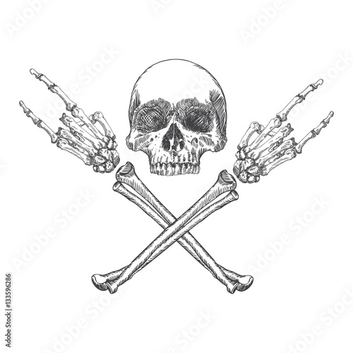 Skull and crossbones hands with gesture of heavy metal, rock and satan. Handmade detailed drawing. Vector illustration.