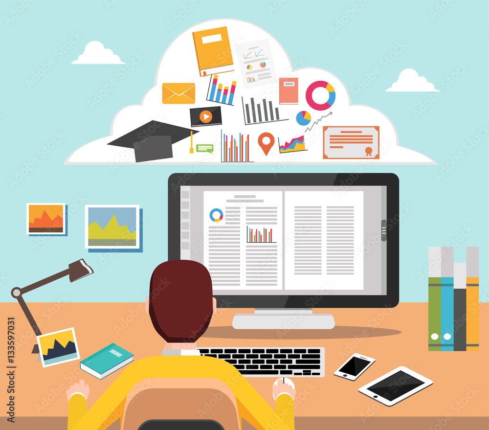 Student studying on computer College supplies. Elearning concept