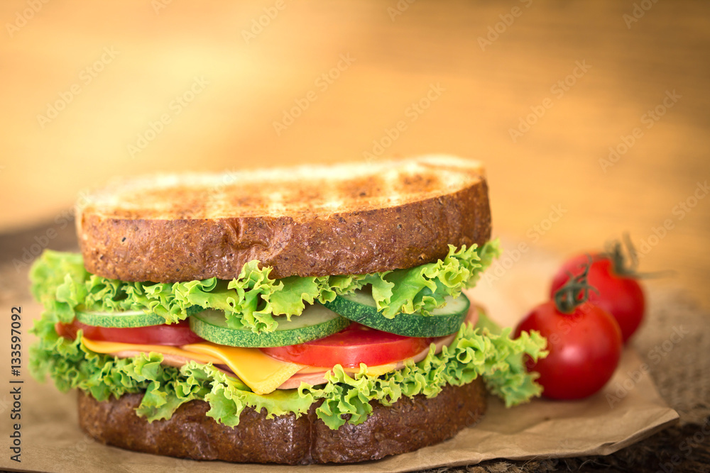 Grilled sandwiches bread with bacon , ham and cheese Grilled sandwiches bread with bacon , ham and cheese