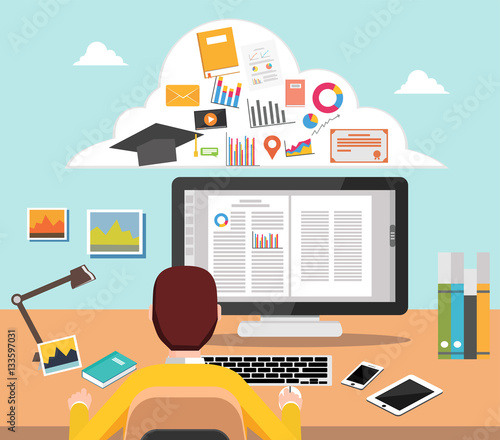 Student studying on computer  College supplies.  E-learning concept illustration for web banner, element, template, or infographics