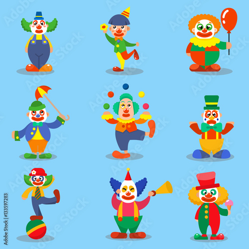 Clown cute characters vector cartoon illustrations
