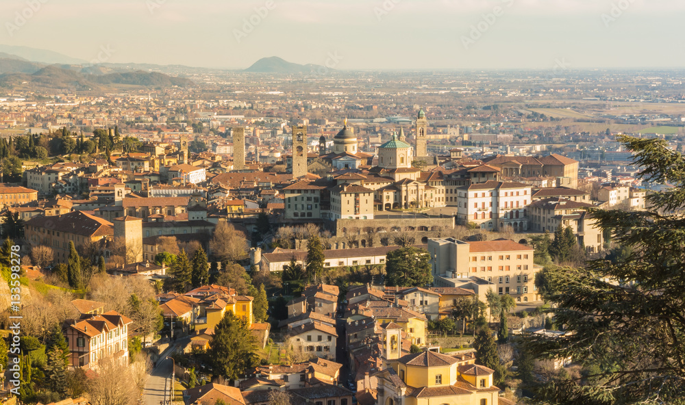 Bergamo - Old city (Citta Alta). One of the beautiful city in Italy. Lombardia. Landscape of the old city from San Vigilio during a beautiful clear day.