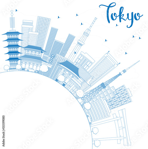 Outline Tokyo Skyline with Blue Buildings and Copy Space.