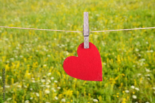 Red heart shape hanging, over the natural background © SasaStock