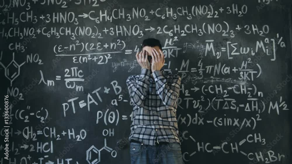 scientist man disappointed about problems experiment in chemical and mathematical equations room scientist man disappointed about problems experiment in chemical and mathematical equations room